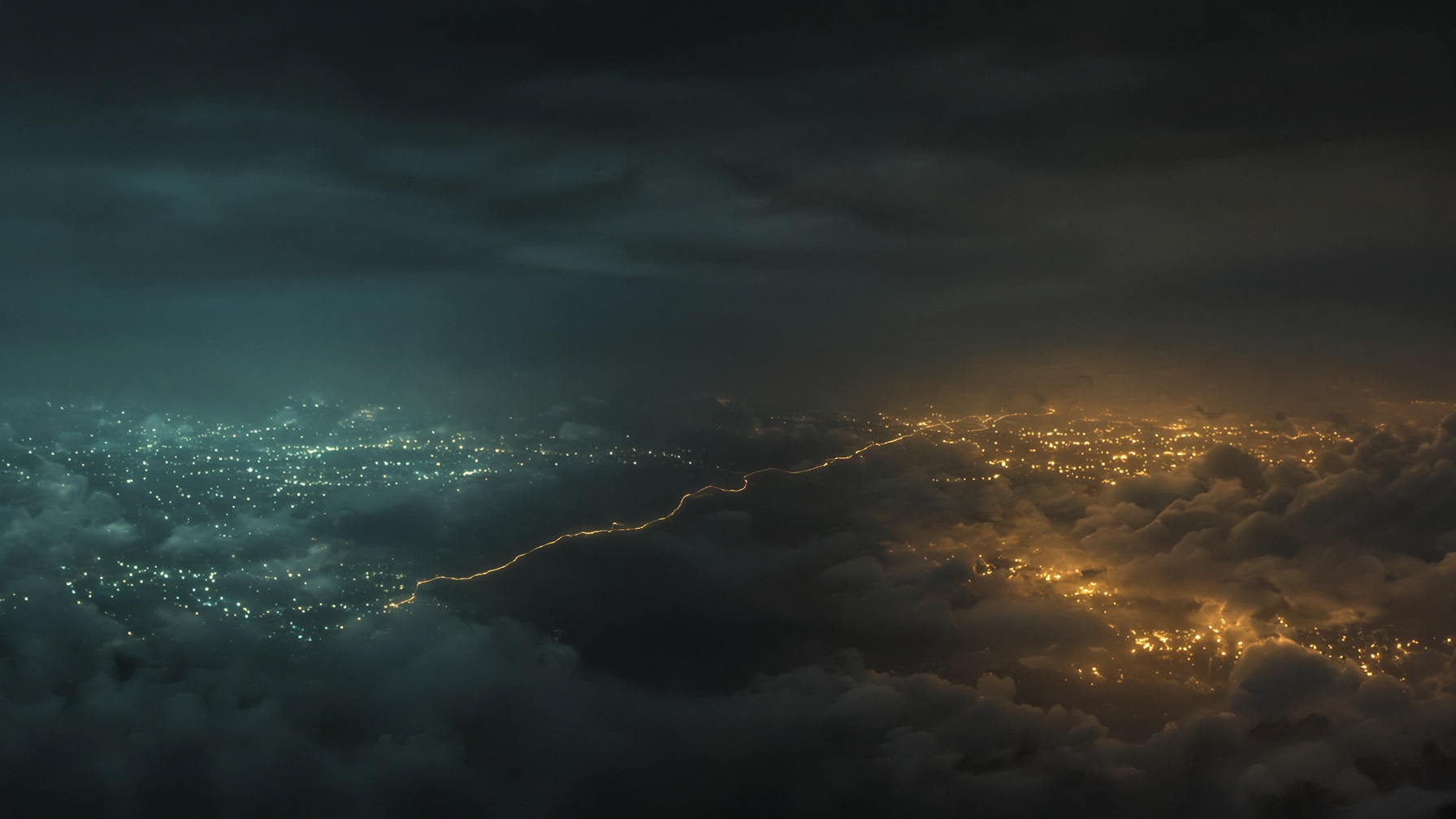 Two distant city light fields at night, joined by a filament of gold.