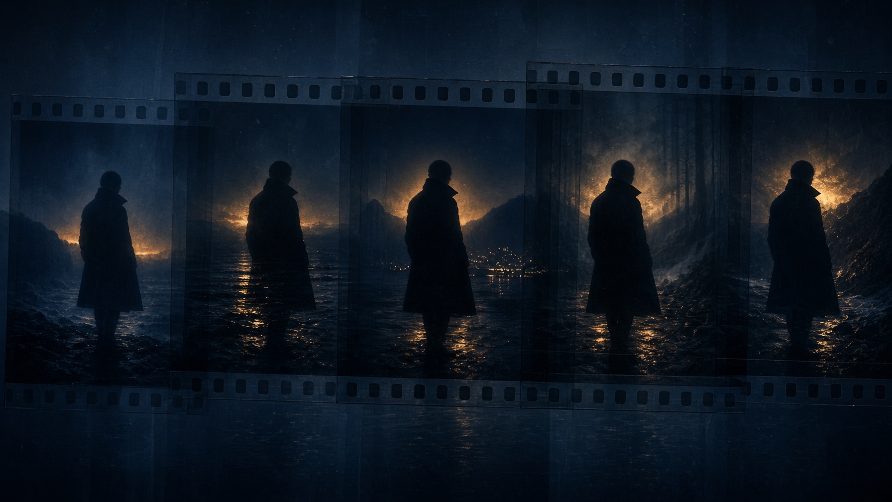 Overlapping cinematic frames of a persistent silhouette across shifting worlds.