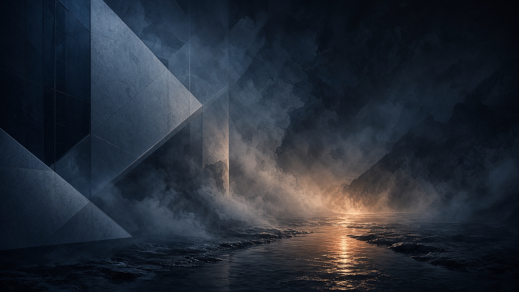 Abstract meeting of geometric and atmospheric visual languages, joined by a thread of amber light.