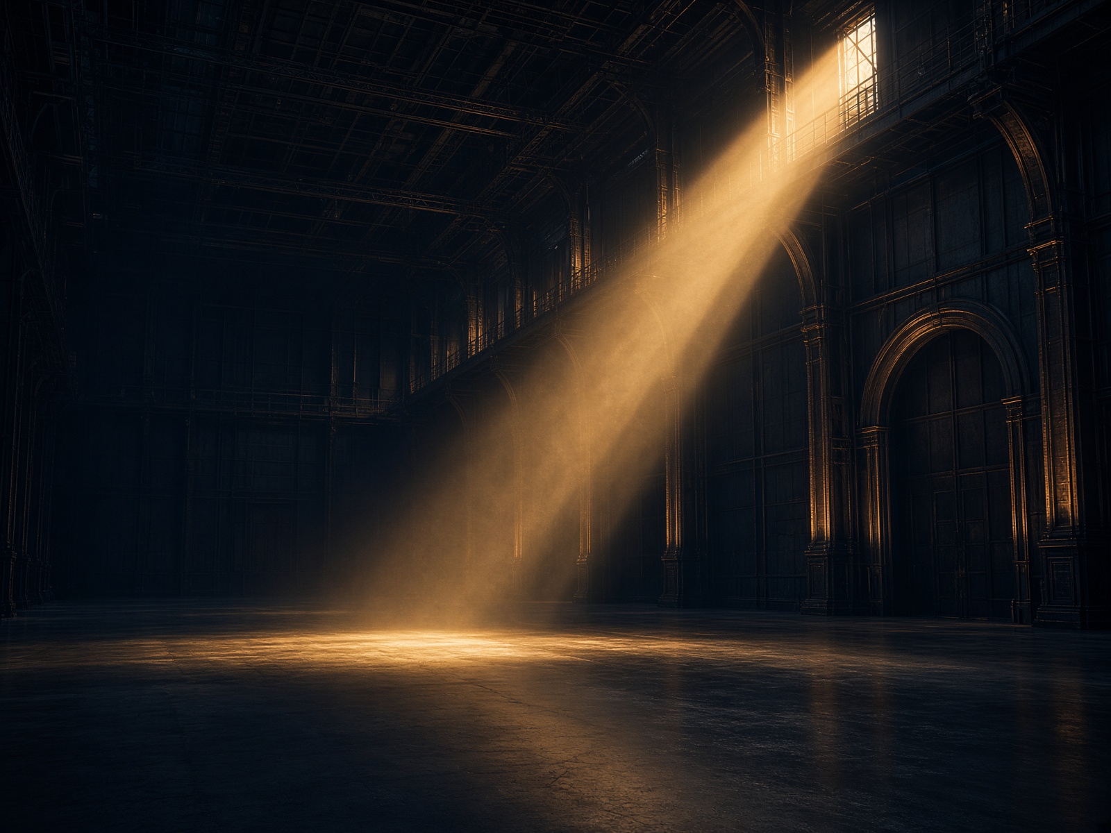 An empty cinematic soundstage lit by a single shaft of warm light.