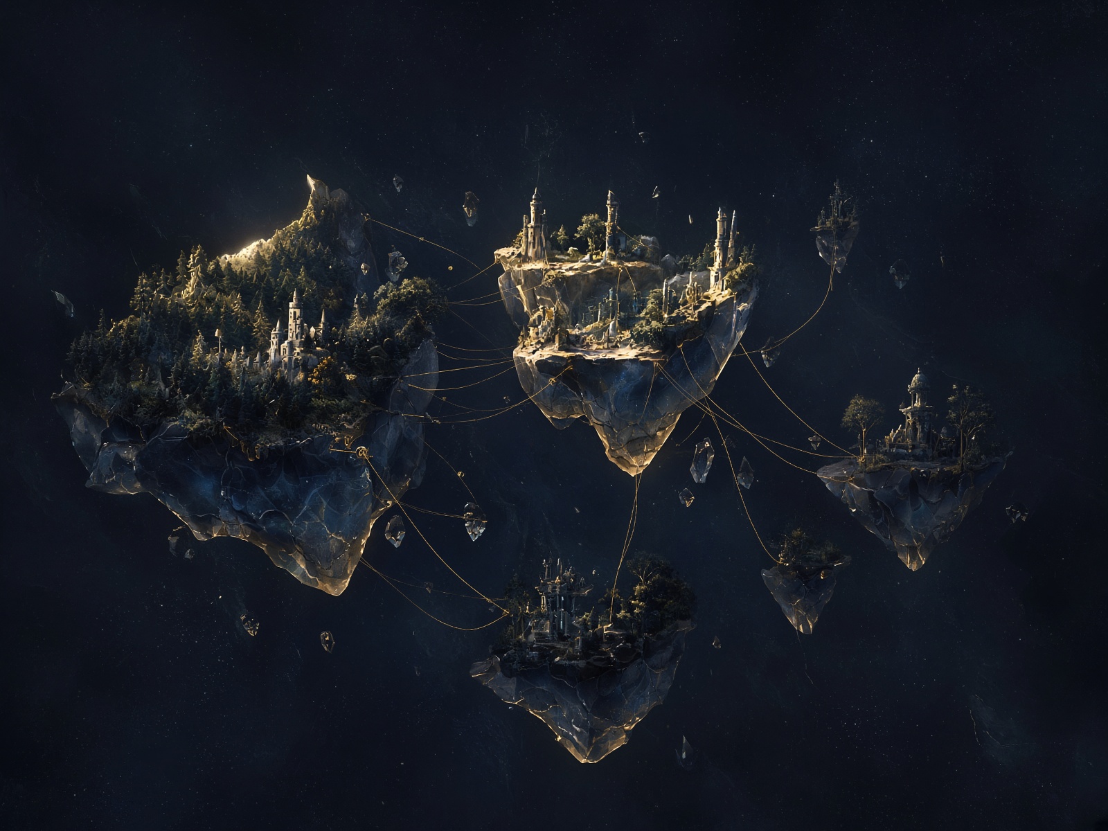 Floating fragments of imagined cities connected by threads of gold light.